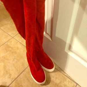 Red suede over the knee boots